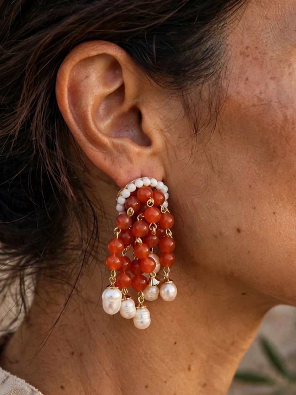 New Amimi Handmade Carnelian Pearl Tassel Clip-On Earrings E124